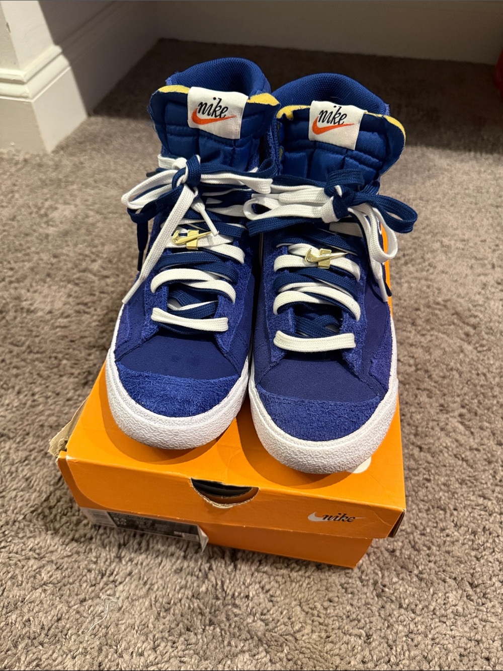 Nike Blue, White and Orange Mid Blazers